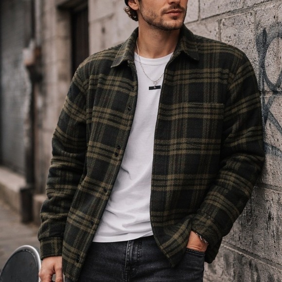 Volcom Other - Volcom Mens XL Plaid Fleece Shirt Jacket Olive Green Black Snap Front A1602002